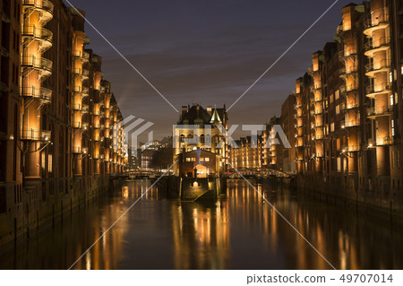 Speicherstadt of Hamburg, Germany at night Speicherstadt of Hamburg, Germany at night 49707014