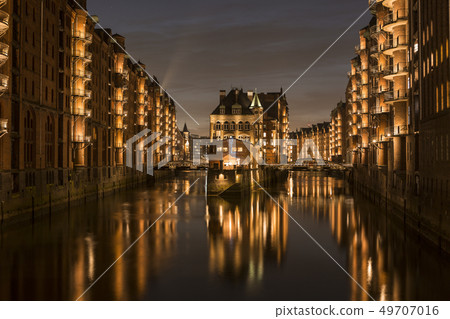 Speicherstadt of Hamburg, Germany at night 49707016