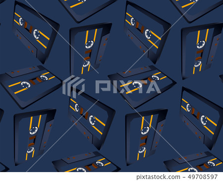 Compact cassette seamless pattern with floating or flying tape in perspective view Compact cassette seamless pattern with floating or flying tape in perspective view 49708597