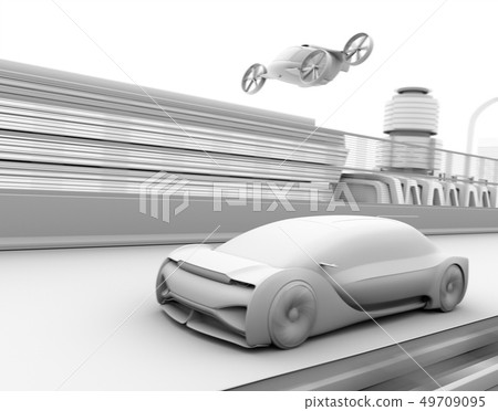 Clay rendering image of self-driving car and flying taxi on highway Clay rendering image of self-driving car and flying taxi on highway 49709095