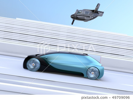 Concept image of self-driving car and flying taxi on highway Concept image of self-driving car and flying taxi on highway 49709096