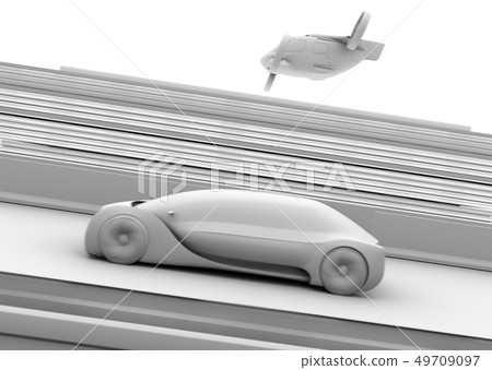 Clay rendering image of self-driving car and flying taxi on highway Clay rendering image of self-driving car and flying taxi on highway 49709097
