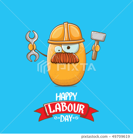 International workers day or labour day greeting card . vector funny cartoon brown smiling worker International workers day or labour day greeting card . vector funny cartoon brown smiling worker 49709619