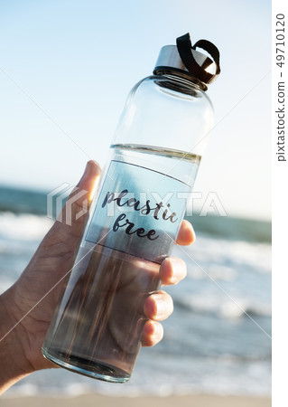 reusable water bottle with the text plastic free 49710120