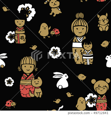 seamless pattern with kokeshi dolls 49712841