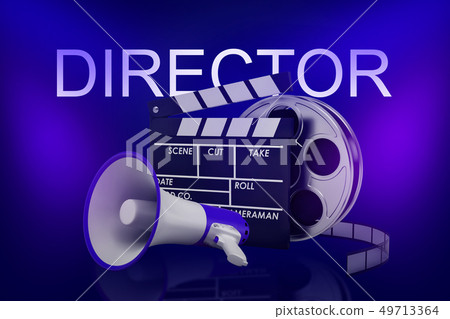 3d rendering of movie clapper, film reel and megaphone with DIRECTOR sign above on neon blue 49713364