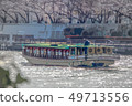 A view of a houseboat, waterfowl and cherry blossoms Asakusa Sumida River 49713556