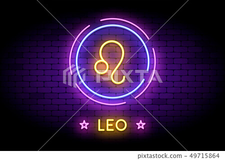 The Leo zodiac symbol in neon style on a wall. 49715864