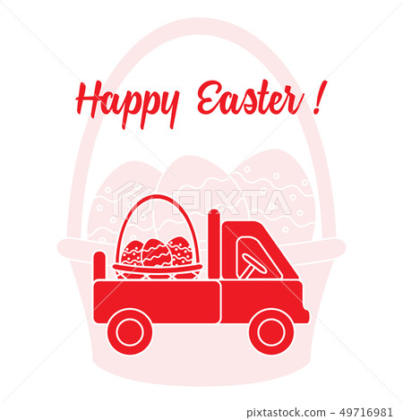 Truck carrying a basket of decorated eggs Truck carrying a basket of decorated eggs 49716981