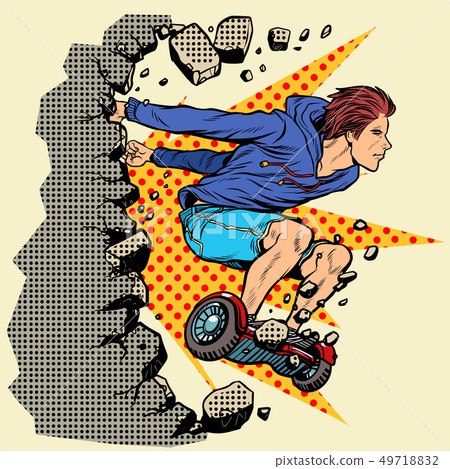 extreme teenager on hoverboard breaks the wall 49718832