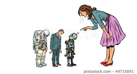 The woman scolds businessman, spaceman and robot 49718891