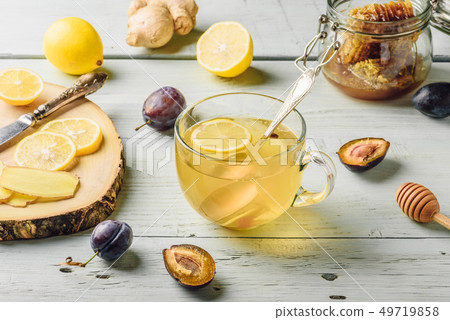 Cup of tea with lemon, honey and ginger 49719858