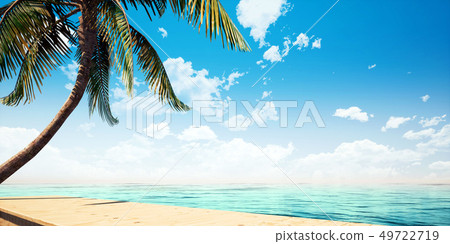 鮮豔細緻的全景景觀圖：夏天海邊木製平台（3D CG 渲染數位插圖） 49722719