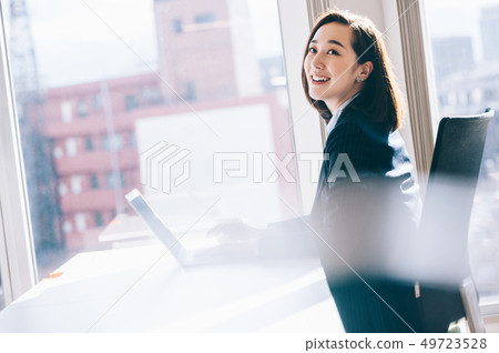 Boss woman headed to PC at seat by the window Boss woman headed to PC at seat by the window 49723528