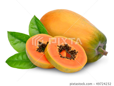 whole and slices ripe papaya fruit with green whole and slices ripe papaya fruit with green 49724232