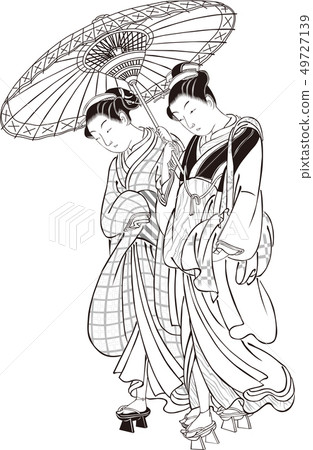 Ukiyoe woman part 24 black and white - Stock Illustration [49727139 ...