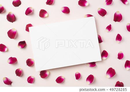 top view of red rose petal with white card 49728285