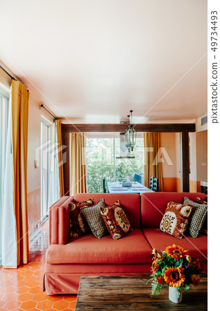 Red fabric sofa couch and Asian style pillows, 49734493