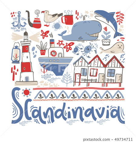 Scandinavia. Hand lettering with design elements in the square. Vector  illustration 49734711