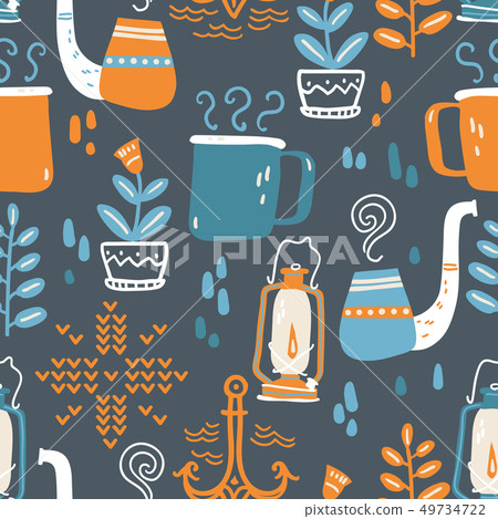 Vector seamless pattern with cozy home things. Pipe, knitting, hot drink, lamp. Vector seamless pattern with cozy home things. Pipe, knitting, hot drink, lamp. 49734722