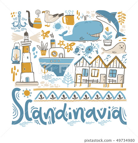 Scandinavia. Hand lettering with design elements in the square. Vector  illustration 49734980