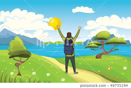 A young happy man, backpacker with raised hands on the seaside. Hiker, Explorer. A symbol of success 49735294