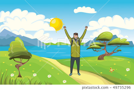 A young happy man, backpacker with raised hands on the seaside. Hiker, Explorer. A symbol of success 49735296
