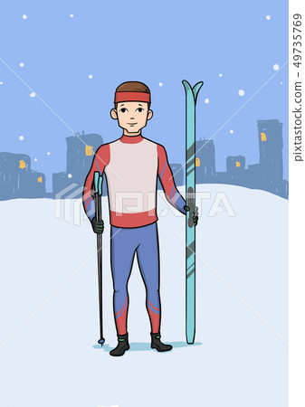 Cross country skiing, winter sport. Young man with skis standing on the background of the evening 49735769