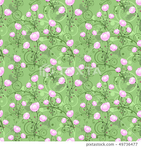 Seamless pattern with purple flowers, branches of leaves and buds. Seamless pattern with purple flowers, branches of leaves and buds. 49736477