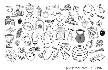 Cartoon fitness doodles on white background. Vector illustration 49739636