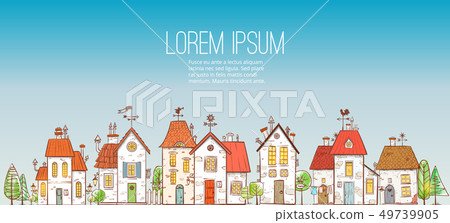Illustration with doodle cartoon colored houses on blue sky background. 49739905