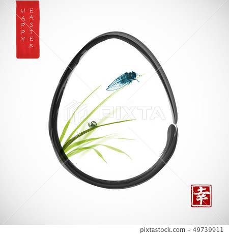 Easter greeting card with cicada and little snail on leaves of grass. Traditional Japanese ink wash Easter greeting card with cicada and little snail on leaves of grass. Traditional Japanese ink wash 49739911