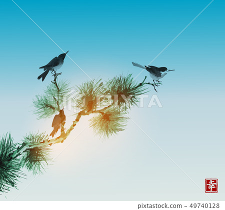 Pine tree branch and birds on blue sky background. Traditional Japanese ink wash painting sumi-e Pine tree branch and birds on blue sky background. Traditional Japanese ink wash painting sumi-e 49740128