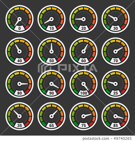Speedometer and Indicators Icons Set on Dark Background. Vector Speedometer and Indicators Icons Set on Dark Background. Vector 49740265