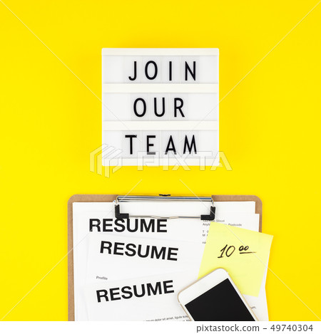 Join our team flat lay on yellow background Join our team flat lay on yellow background 49740304