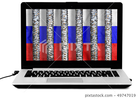 Laptop with thick metal prison grate and a russian flag on the screen isolated on white background 49747019