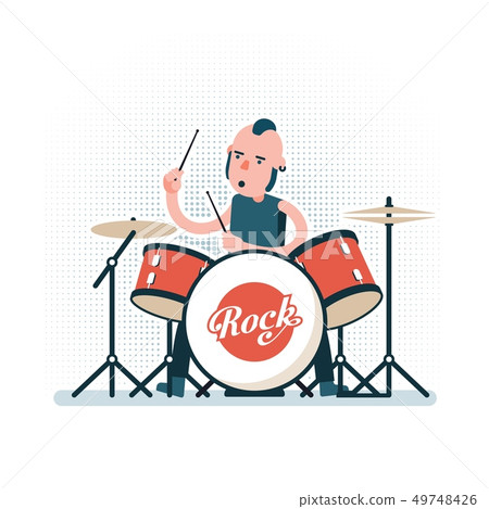 Cartoon rock drummer playing on drum set 49748426