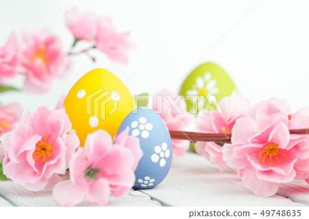 Easter eggs and pink flowers decoration on blue background 49748635
