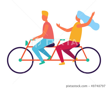 Couple Riding on Tandem or Twin Bicycle Isolated 49748797