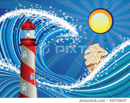 Lighthouse and Boat in the Sea 49750647