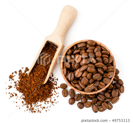 Coffee beans and instant coffee in wooden utensils 49753113