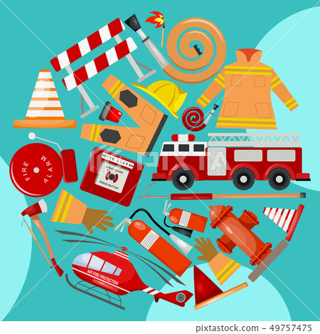 Fire safety round pattern vector illustration. Firefighting equipment and tools firehose hydrant 49757475
