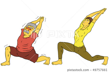 做瑜伽健身,教練男人和老人 做瑜伽健身,教練男人和老人 49757881