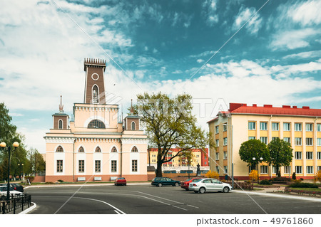 Chachersk, Gomel Region, Belarus. Famous Landmark - Old City Hall In Spring Day In Chechersk. Town Chachersk, Gomel Region, Belarus. Famous Landmark - Old City Hall In Spring Day In Chechersk. Town 49761860