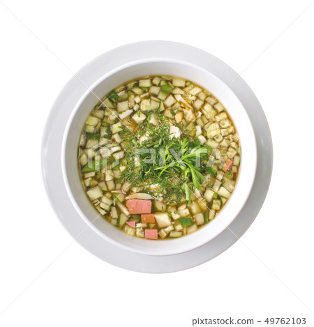 Okroshka in plate, isolated on white background. Top view 49762103