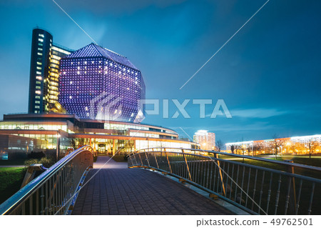 Minsk, Belarus. National Library Building In Evening Night Illumination On Blue Sky Background Minsk, Belarus. National Library Building In Evening Night Illumination On Blue Sky Background 49762501