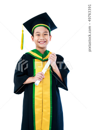 Asian child in graduation gown with diploma Asian child in graduation gown with diploma 49763391