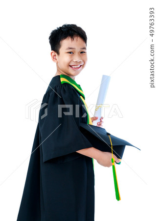 Asian child in graduation gown with diploma Asian child in graduation gown with diploma 49763393