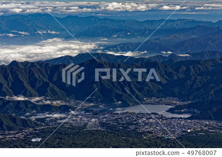 Lake Kawaguchi and Misaka mountain range, the mountain range of Ochi Chichibu seen from the summit of Mt. Fuji Lake Kawaguchi and Misaka mountain range, the mountain range of Ochi Chichibu seen from the summit of Mt. Fuji 49768007