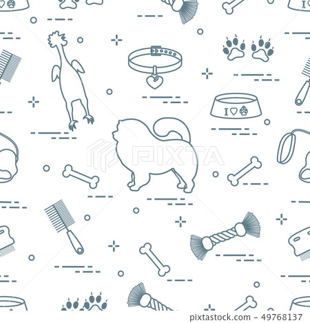 Pattern of silhouette chow-chow dog, bowl, bone, 49768137